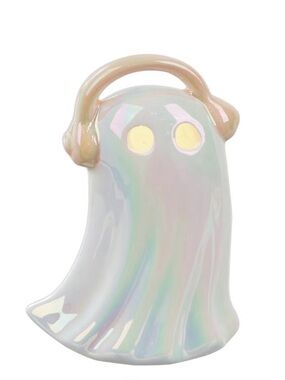 NEW Iridescent Ceramic Ghost Figurine with Headphones - White Pearl